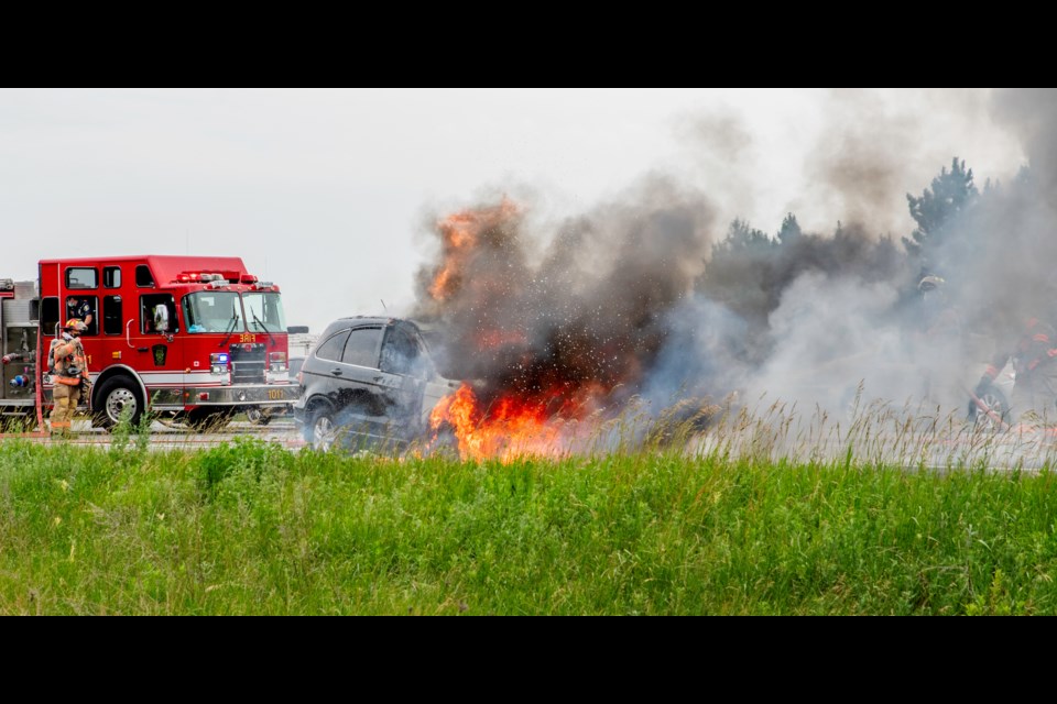 Bradford-West Gwillimbury Fire and Emergency Services responded to a vehicle fire on Highway 400 in Bradford on Friday, June 25, 2021