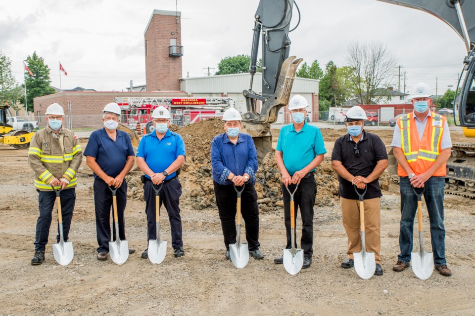 BWG groundbreaking ceremony for the new Fire Hall. Attending the groundbreaking were (L to R): Fire Chief Tom Raeburn, Councillor Ron Orr, recently retired Fire Chief Kevin Gallant, Councillor Peter Dykie Jr., Mayor Rob Keffer, Councillor Raj Sandhu and Community Services Director Terry Foran. Paul Novosad for Bradford Today.
