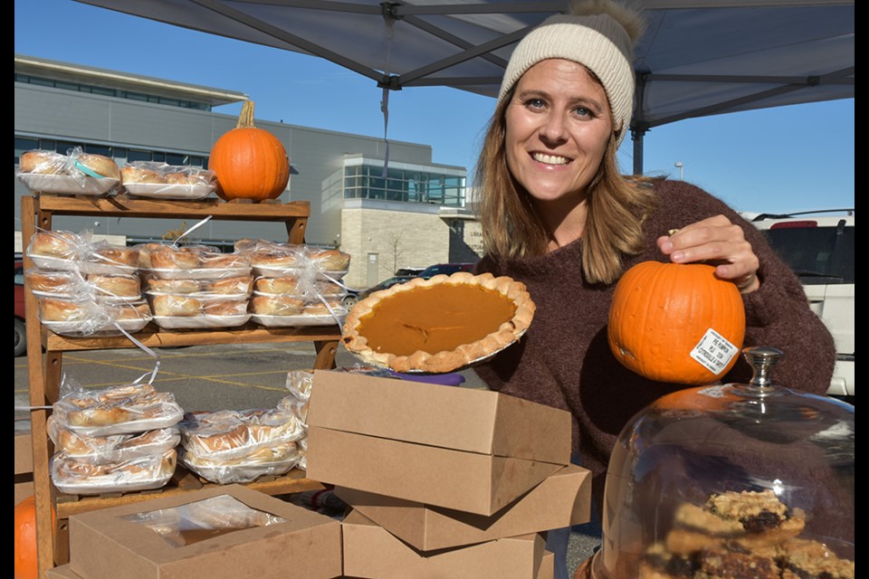Tammy Jackson of Sweet Annabella’s with pumpkin pie – and pie pumpkin! She will be at this Saturday’s Harvest festival with an array of pies and tarts, but encourages customers to order ahead at sweetanabellatreats@facebook.com or 705-895-4255 for pies (from pumpkin, to strawberry rhubarb, to key lime), tarts and squares. Miriam King/BradfordToday