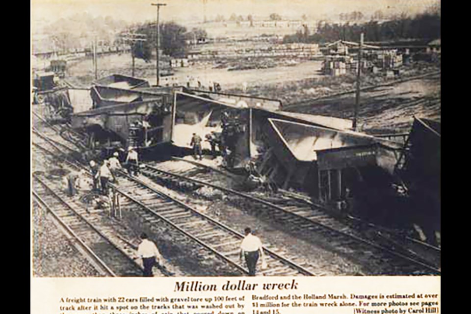 Photo of a 1975 train derailment in Bradford West Gwillimbury. The disaster, although pegged at $1 million in damages, could have been worse: the train crew survived. Photo from the Bradford Witness