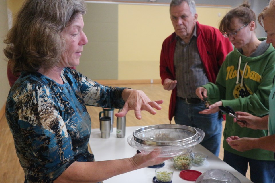 Cathy Nesbitt teaches guests how to grow your own sprouts at the BWG Library on Saturday morning. Natasha Philpott/BradfordToday                               