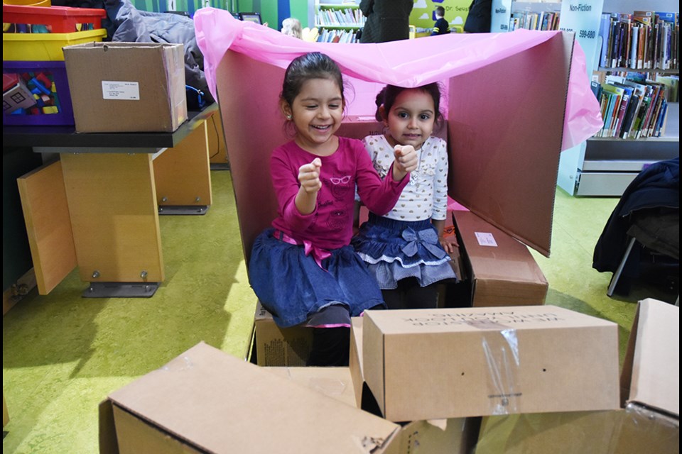 Driving the Cardboard Box Bus, at the Innisfil ideaLAB and Library in Alcona, Innisfil. Miriam King/Bradford Today