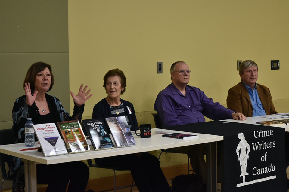 On the Crime Writers of Canada panel, from left, Judy Penz Sheluk, Lorna Poplak, John Worsley Simpson, and Ken Ogilvie. Miriam King/Bradford Today