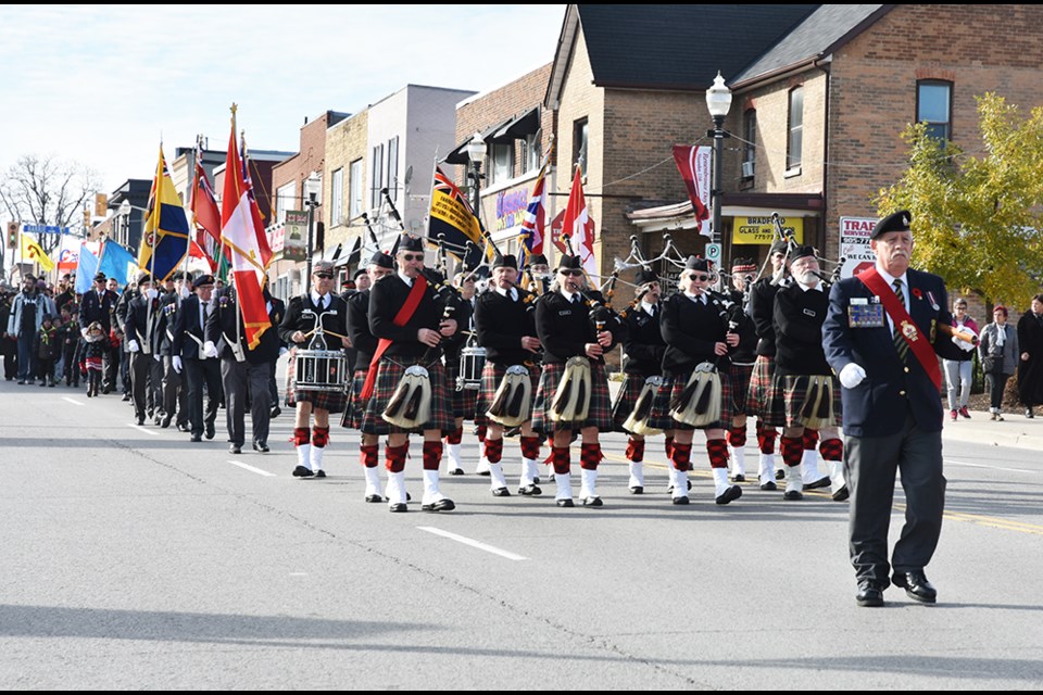 Bradford Legion Br. 521 annual Remembrance Parade led by Legion President Mike Giovanetti and the Pipes and drums, on Nov. 4. Miriam King/BradfordToday