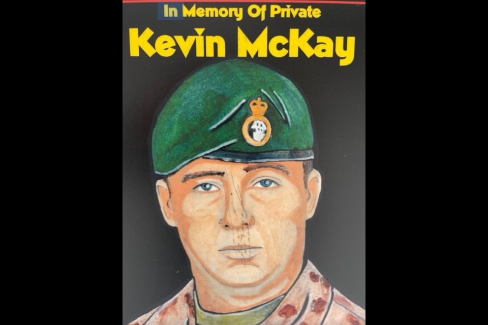 This poster depicting the late Pte. Kevin McKay was recently vandalized in Peacekeepers Park in Angus.