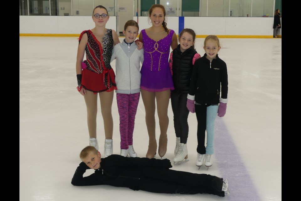 Members of the Bradford & District Skating Club: Alexandra Wry, from left, Ella MacPhee, Allyson Park, Mallory Luhtala, Kate MacPhee, and Damian Obidin (lying down in front). Jenni Dunning/BradfordToday