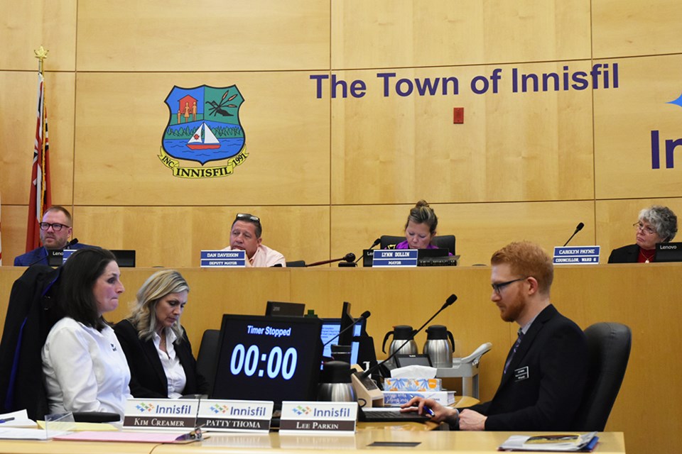 Innisfil Mayor Lynn Dollin, back centre, and members of council heard from consultant Clare Riepma, regarding the Tollendale project. Miriam King/Bradford Today
