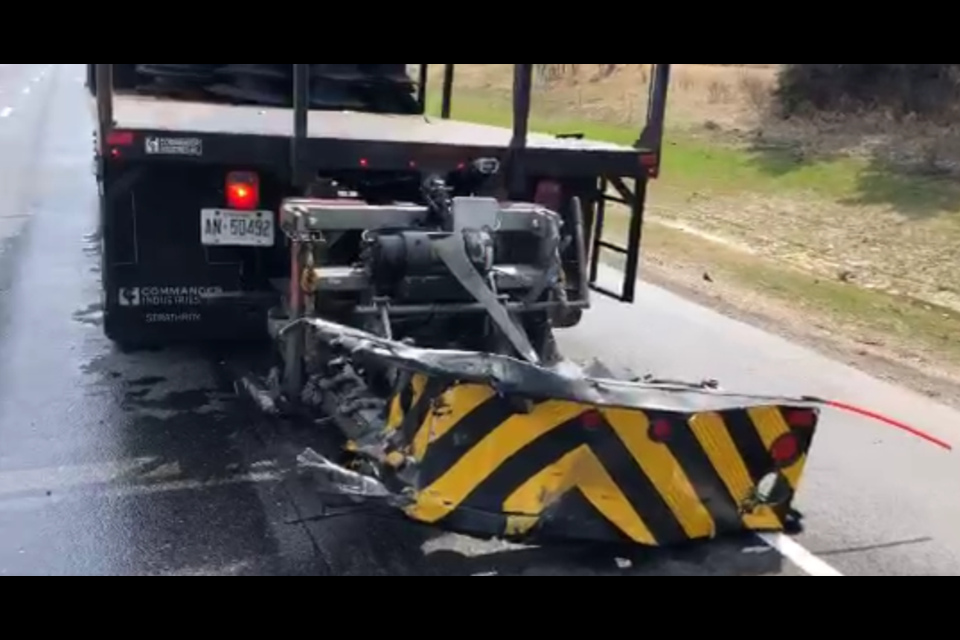 A still from a video taken by OPP Sgt. Kerry Schmidt shows the smashed-in back end of a construction truck after a crash on Highway 400 near Highway 88. 