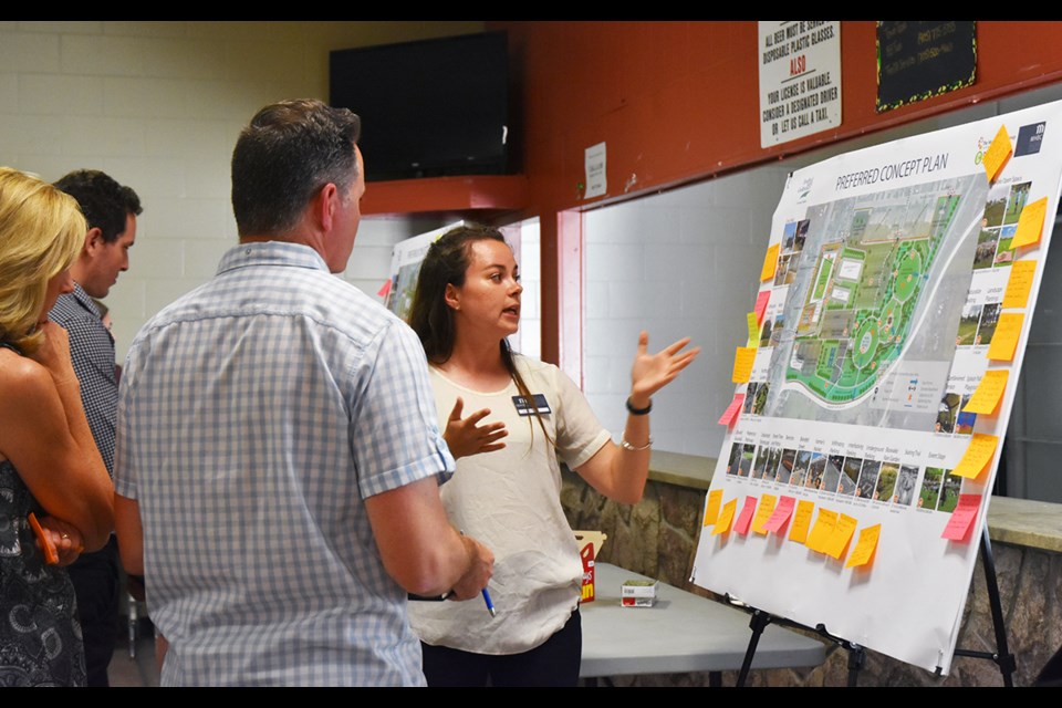 A planner with MHBC gets input on the proposed master plan for 125 Simcoe Rd. The coloured squares around the map represents comments submitted by participants at the May 30 open house, including praise for the proposed splash pad and concern over loss of a tennis court. Miriam King/Bradford Today