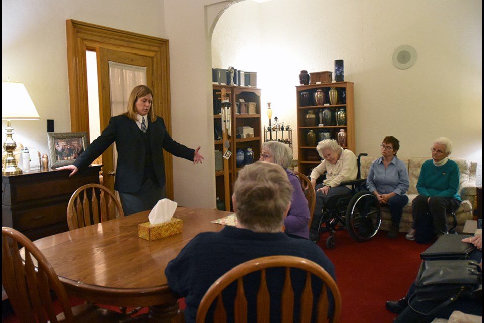 Jill Skwarchuk-Tiano talks about the history and the role of Skwarchuk's Funeral Home to a group from the Bond Head Women's Institute. Miriam King/Bradford Today