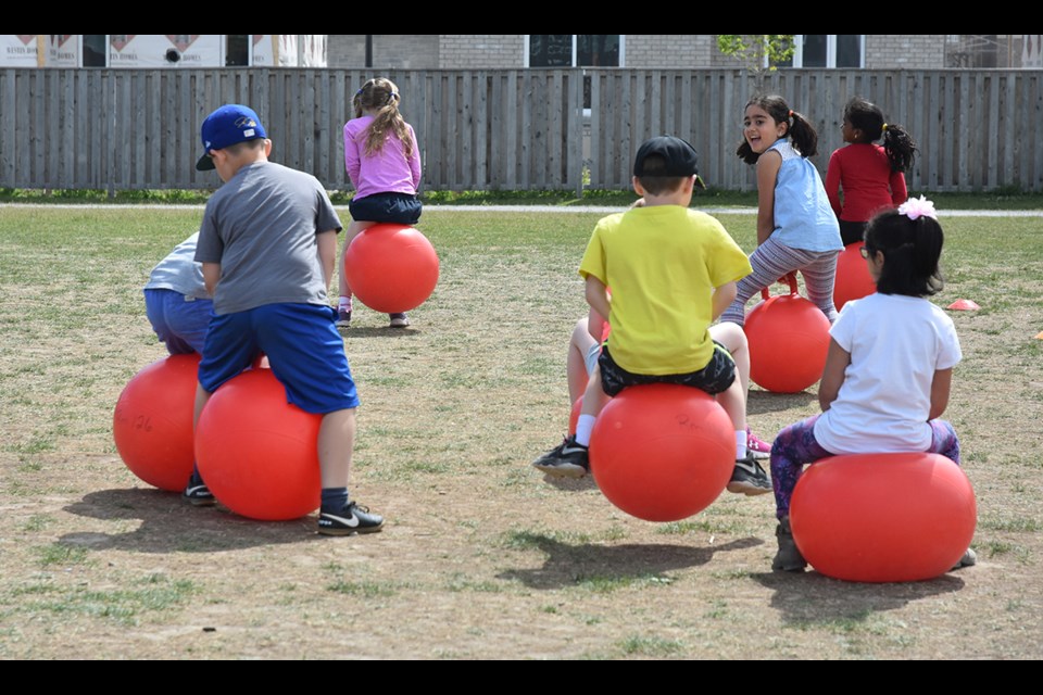 Bouncing ball races at Chris Hadfield Public School for Jump Rope for Heart, June 22. Miriam King/Bradford Today
