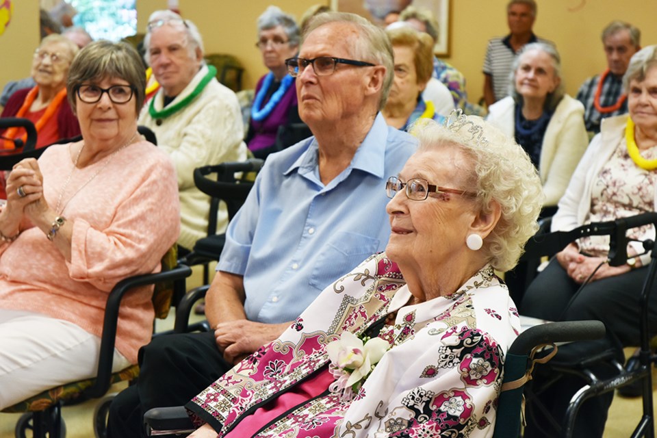 Frances Kneeshaw, with son Ron and daughter-in-law Pat, at her 105th Birthday Party on Aug. 14. Miriam King/Bradford Today