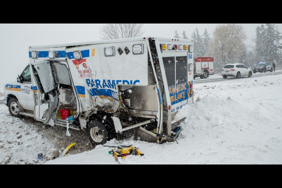 The scene of a collision between a dump truck and ambulance on Highway 11 this morning, on Nov. 18. Paul Novosad for BradfordToday