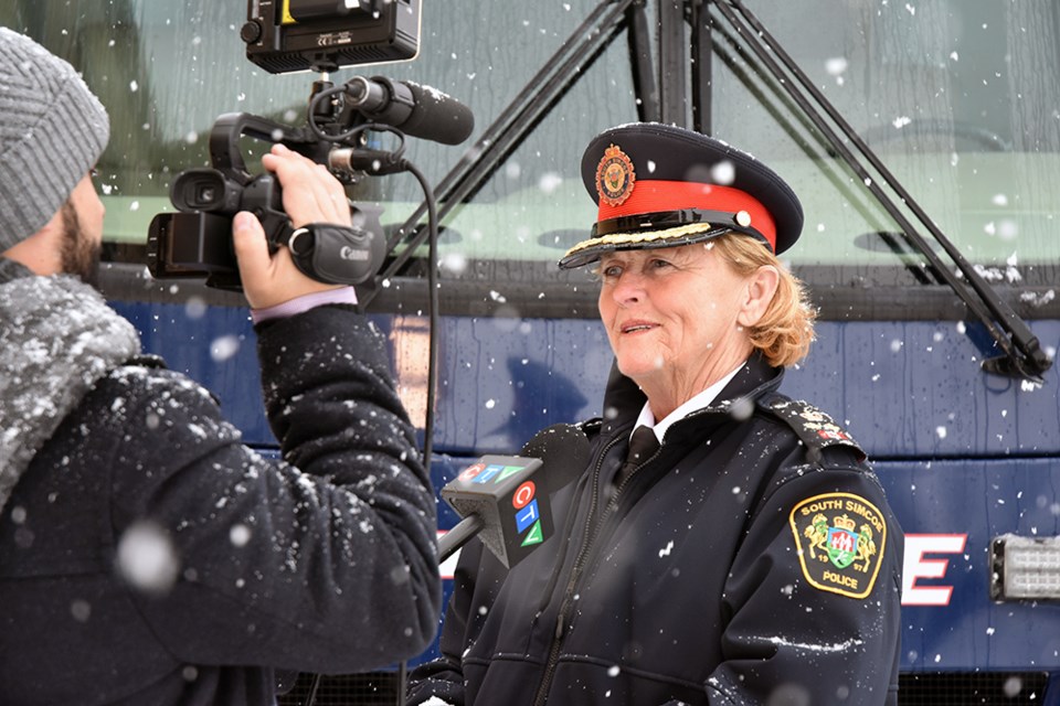 South Simcoe Police Deputy Chief Robin McElary-Downer is interviewed by CTV at the launch of the 'Stuff the Command Post' campaign. Miriam King/Bradford Today