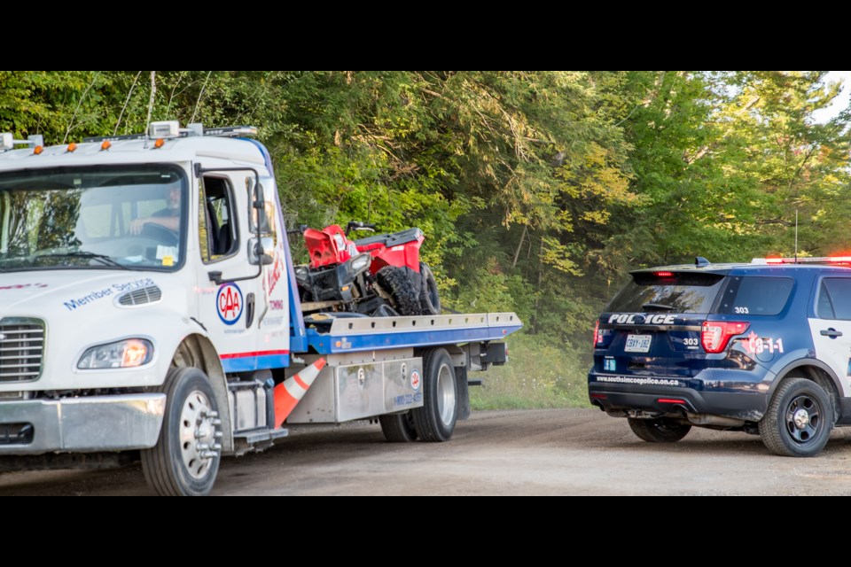 A heavily damaged ATV is removed from the scene of a fatality early this morning. Paul Novosad for Bradford Today.