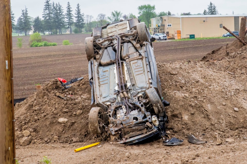 The scene of a vehicle rollover located at Line 5 and Highway 27 on Monday, May 16, 2022