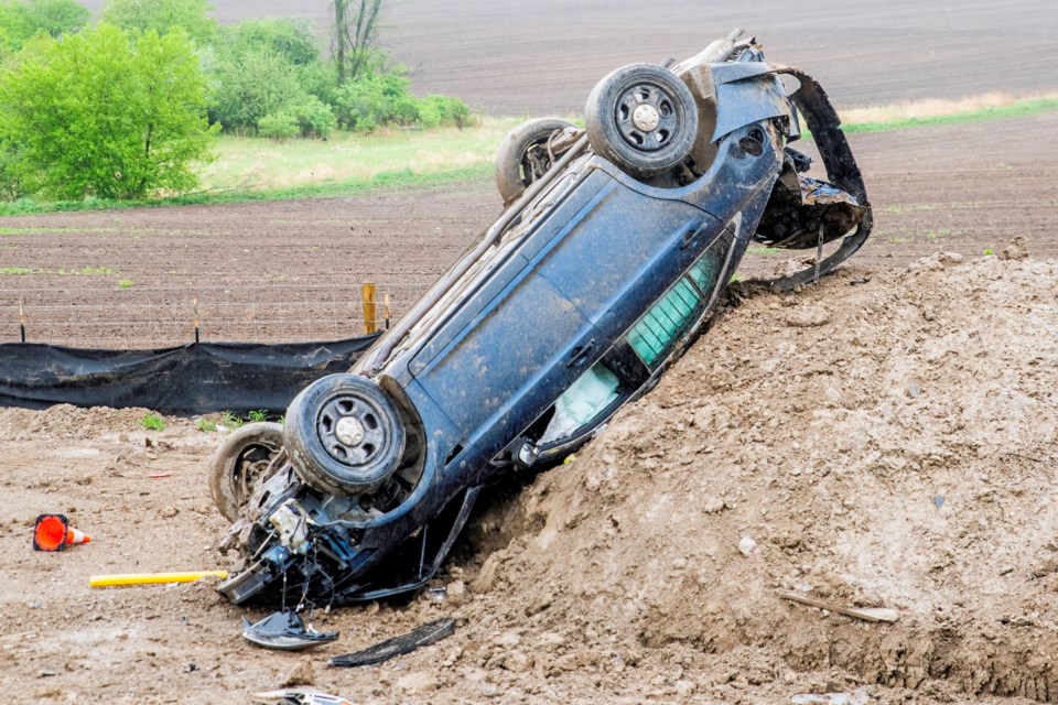 The scene of a vehicle rollover located at Line 5 and Highway 27 on Monday, May 16, 2022