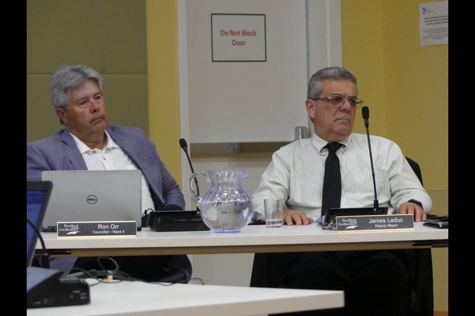 BWG Coun. Ron Orr, left, and Deputy Mayor James Leduc during a council meeting. Jenni Dunning/Bradford Today