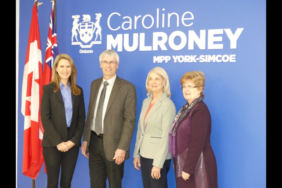 York-Simcoe MPP Caroline Mulroney (from left) made a funding announcement April 5 for Bradford West Gwillimbury, East Gwillimbury, and Georgina, which was attended by mayors Rob Keffer, Virginia Hackson, and Margaret Quirk. Jenni Dunning/BradfordToday