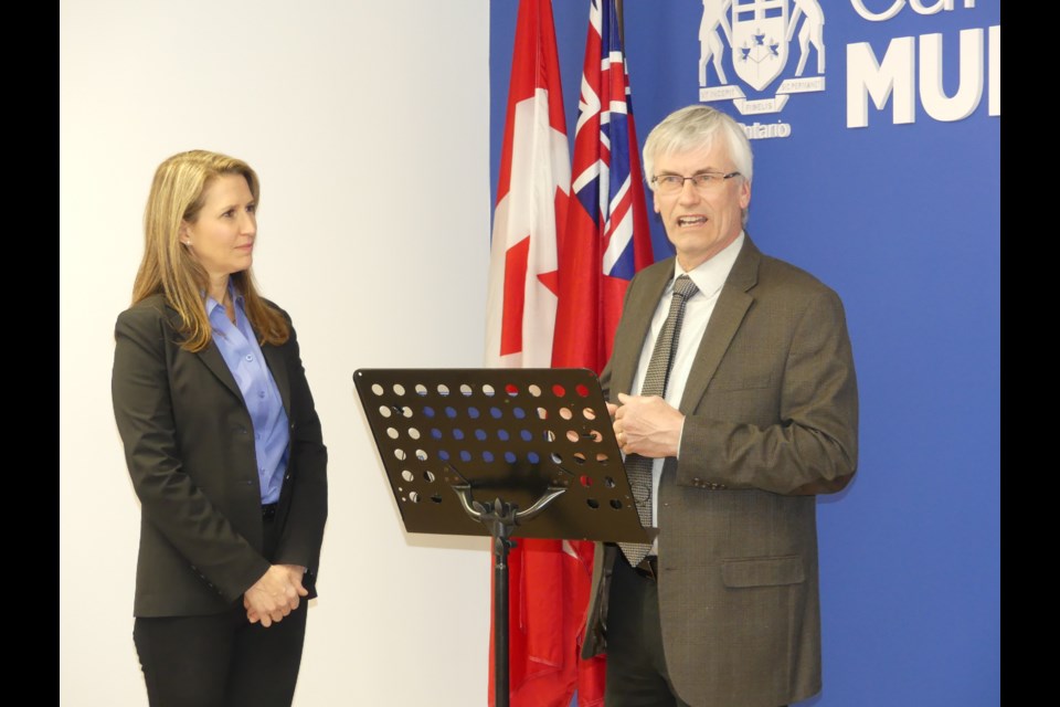 BWG Mayor Rob Keffer, right, speaks at an announcement made by York-Simcoe MPP Caroline Mulroney, left, of new provincial funding. Jenni Dunning/BradfordToday