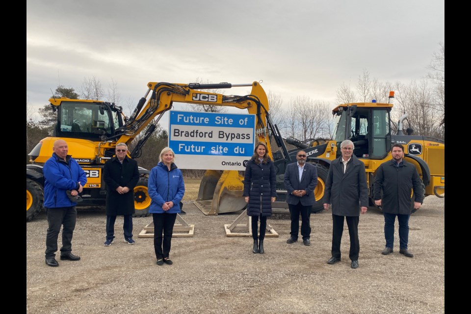 Minister of Transportation Caroline Mulroney with Bradford Mayor Rob Keffer, East Gwillimbury Mayor Virginia Hackson and members of council in Bradford this morning to announce the details for the design and construction of Bradford Bypass bridgework at Yonge Street.