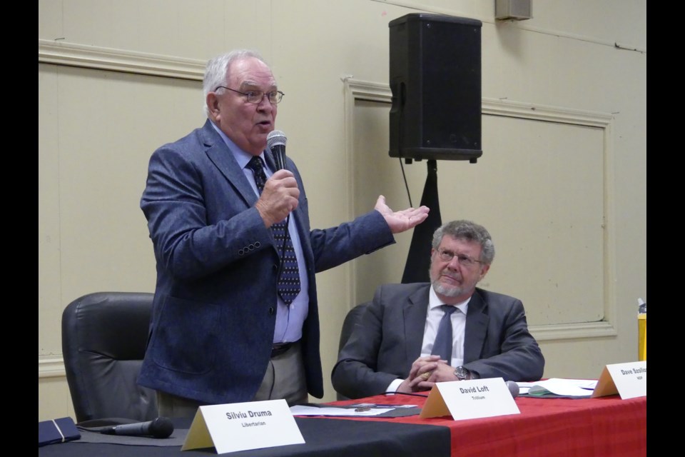 Trillium Party candidate David Loft, left, answers a question, while NDP candidate Dave Szollosy looks on. Jenni Dunning/Bradford Today