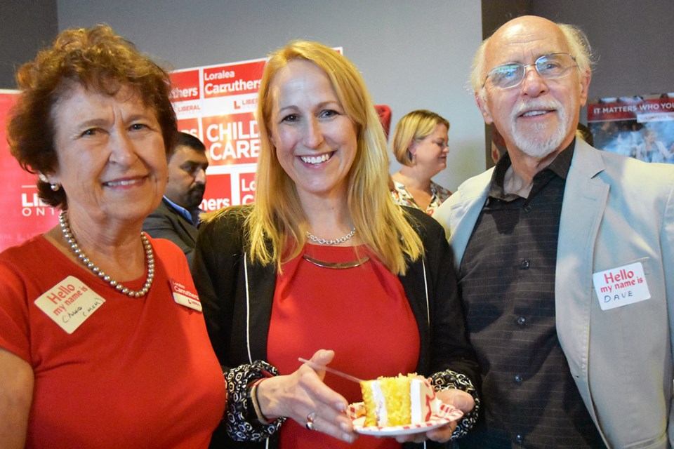 Provincial Liberal candidate Loralea Carruthers is joined by her parents, Christine and Dave Jefferson, to celebrate not only the opening of her Bradford campaign office, but her birthday. Miriam King/Bradford Today