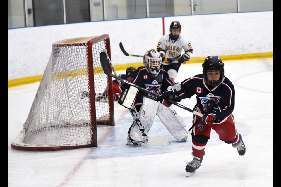 King goalie was hard-pressed in Game 4 in the Novice A York-Simcoe playoffs. Miriam King/Bradford Today