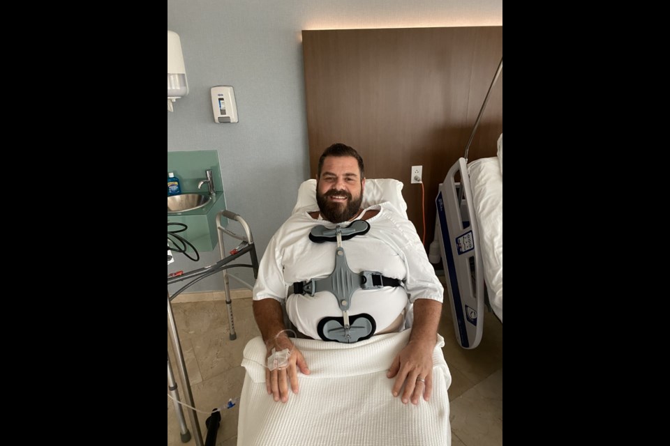 'Coach Joe' suffered fractured ribs, a puncture in his right lung and shattered L3 vertebrae from a fall at the hotel he was staying in while honeymooning in Mexico. Submitted.