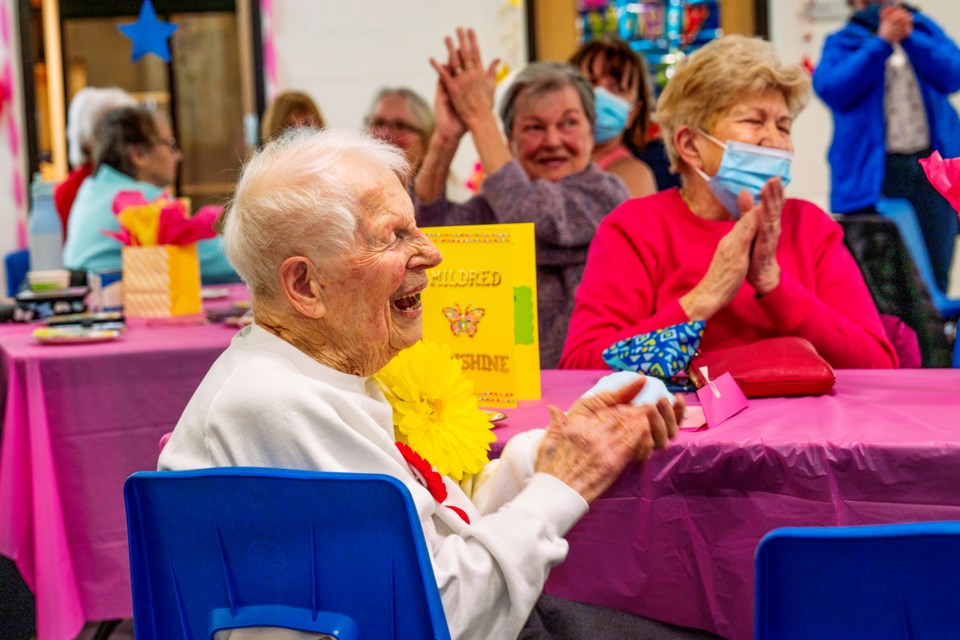 Mildred Thompson enjoying the celebration of her 99th birthday at the BWG Leisure Centre. | Paul Novosad for BradfordToday