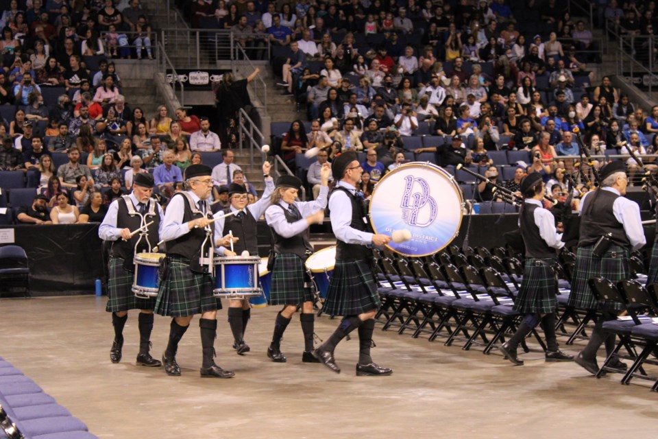 Bagpipers and drummers kick off the Front Range Community College 2022 graduation commencement ceremony for the Westminster and Brighton camps at the 1st Bank Event Center in Broomfield on May 11.
