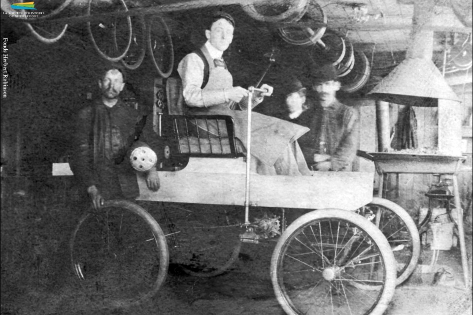 George Foote Foss in the first-ever gas-powered car made in Canada, 1897.