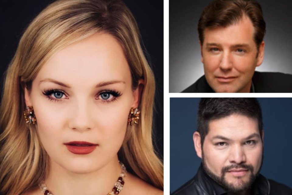 (Clockwise from left) Karoline Podolak is Violetta, James Westman is Girorgio and Ernesto Ramirez is Alfredo in the SOLO production of La Traviata which will be staged at Burlington Performing Arts Centre.