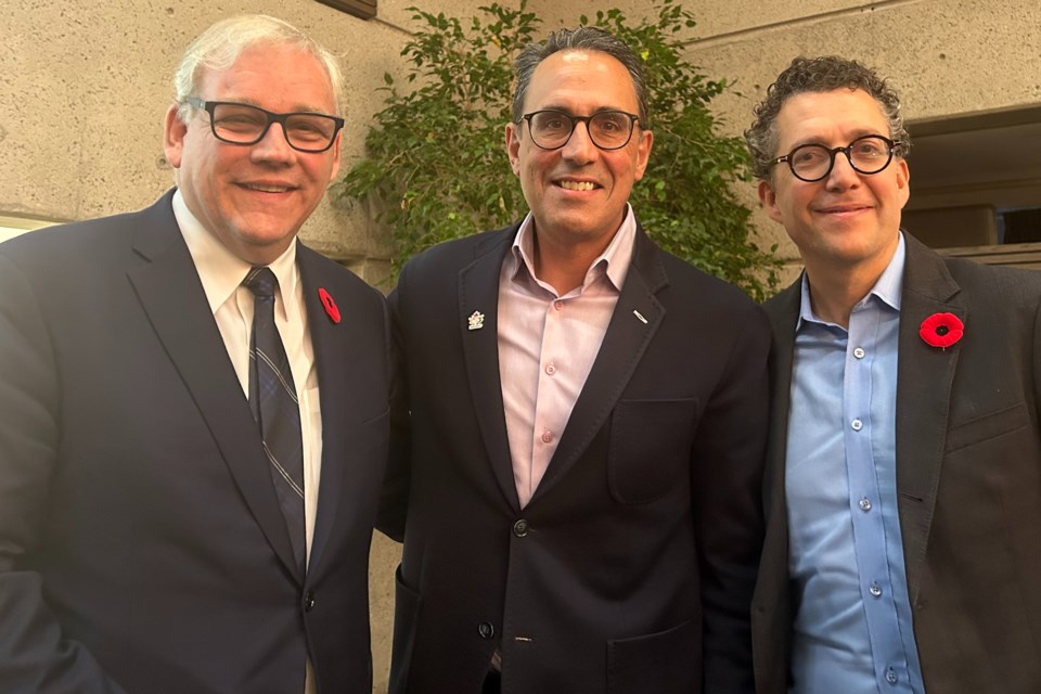 (Left to right) CEO of Commonwealth Sport Canada Brian MacPherson, Hamilton 100 bid leader Louis Frapporti and bid partner and urban planner Antonio Gomez-Palacio.