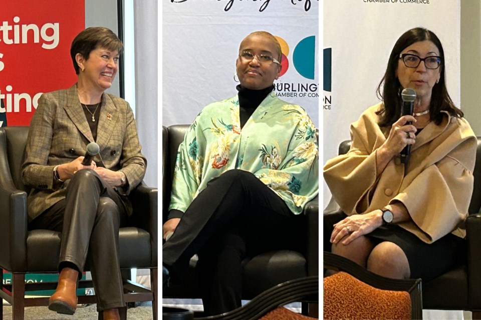 (Left to right) MP Pam Damoff, entrepreneur Christine Monfriese and Mary Ann Wenzler-Wiebe participate in the panel discussion during the Women Leaders and Allies event hosted by the Burlington Chamber of Commerce March 1. 