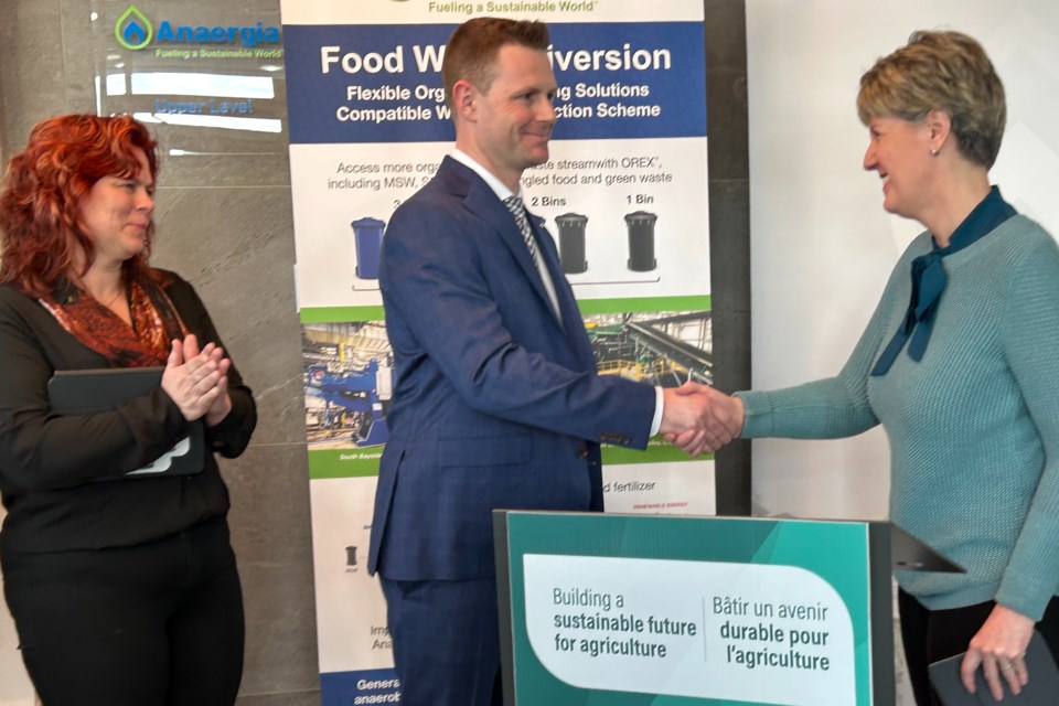 (Left to right) OFA President Peggy Brekfeld and Anaergia Inc. VP of Technologies Sasha Rollings Scattergood welcome the Hon. Marie-Claude Bibeau, Minister of Agriculture and Agri-Food, at the March 2 announcement in Burlington.