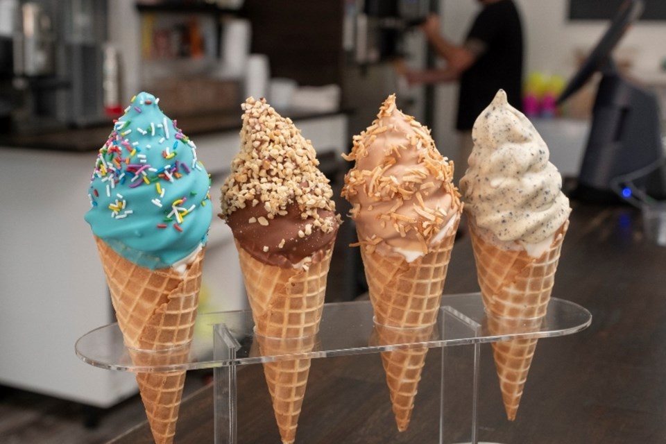 La Crème de la Crème Creamery features rich soft ice cream dipped in high-quality chocolate.