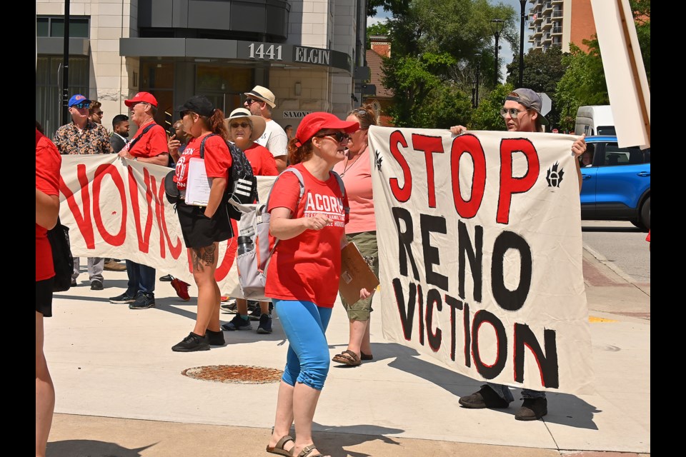 About 45 members of the ACORN Hamilton chapter protested outside the Burlington Performing Arts Centre Aug. 1.