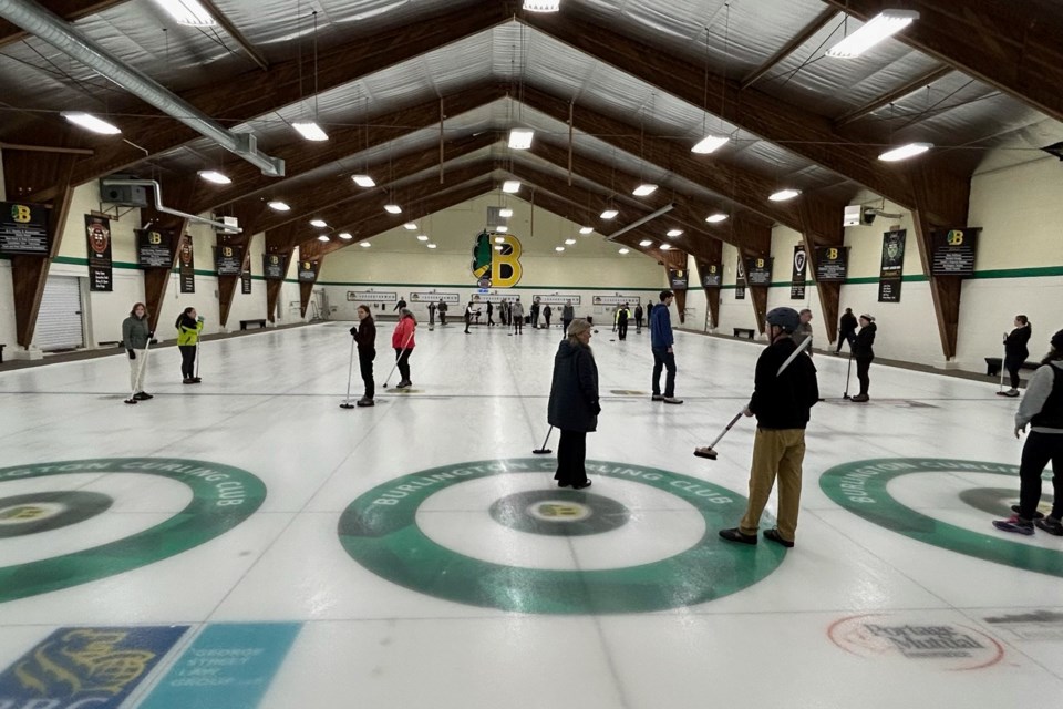An overall view of the Burlington Curling Centre's ice.