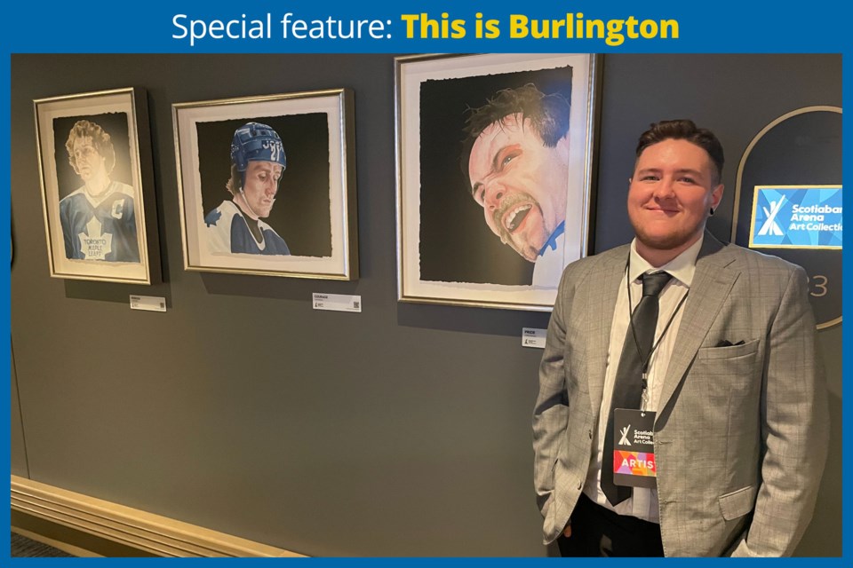 Cass Keenan with his three paintings of iconic Toronto Maple Leafs players.