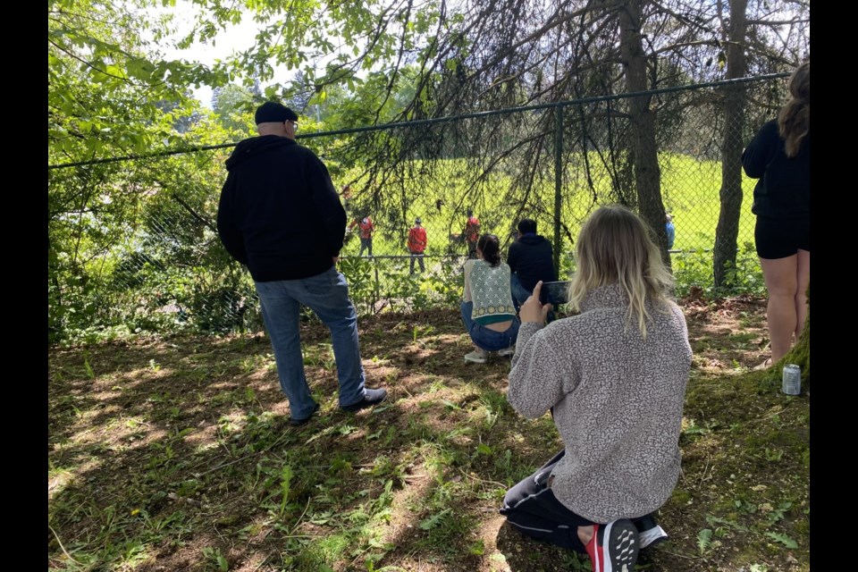 The Ancient and Honourable Hyack Anvil Battery fired a 21-anvil salute on Victoria Day in Queen's Park Stadium. The stadium was closed to the public, so folks watched from outside the fence.
