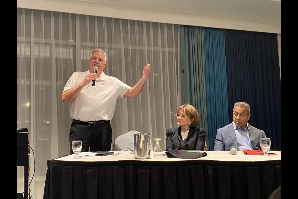 Dave Jones, Shirley Heafey and Kash Heed, from left, spoke at Wednesday's crime and community safety forum in New Westminster.