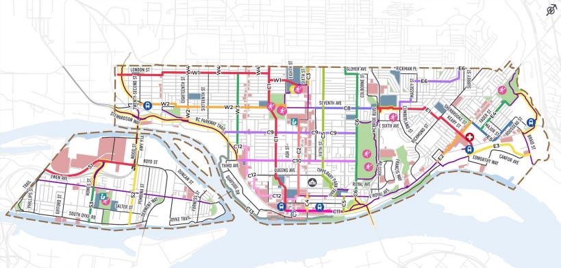 A map shows some of the city's plans for creating an All Ages and Abilities Active Transportation Network in New West.