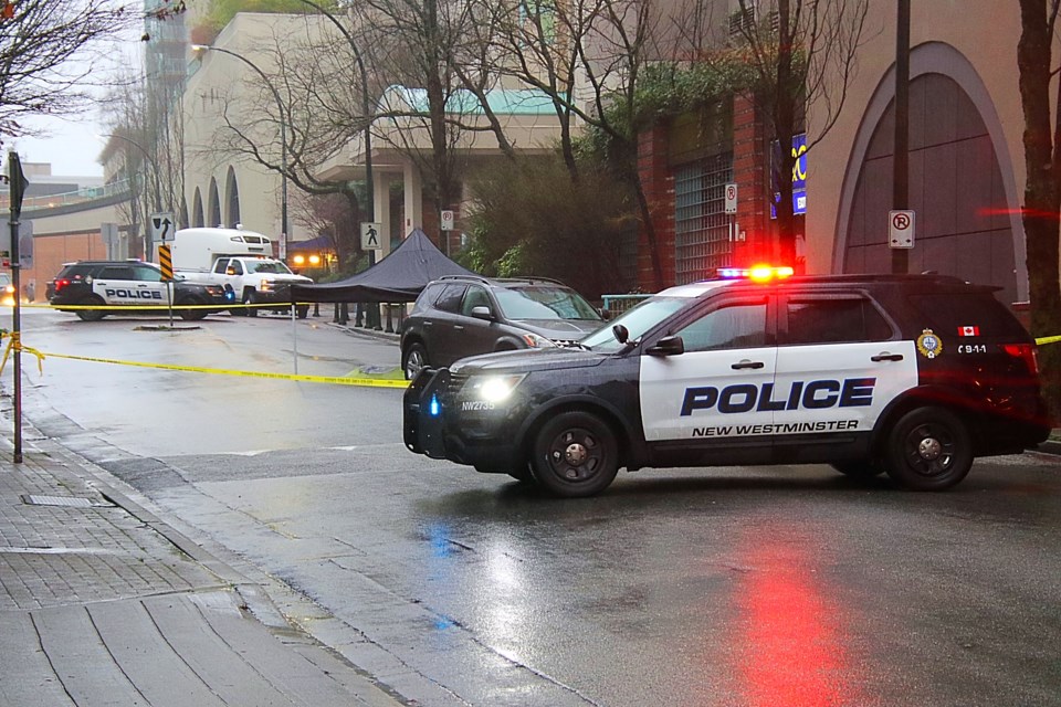 A pedestrian died after being struck by the driver of a vehicle in uptown New Westminster on Sunday.