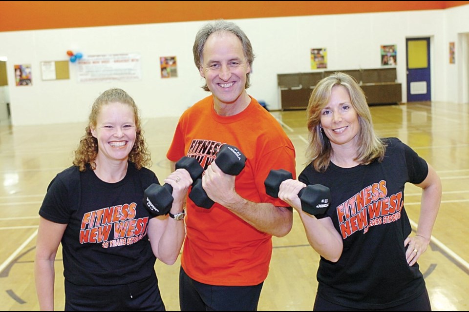 Sandy Earle, David Creighton and Lisa Williamson, from left, were pumped about celebrating Fitness New West’s 25th anniversary with “a workout extravaganza” at Centennial Community Centre in October 2008.
