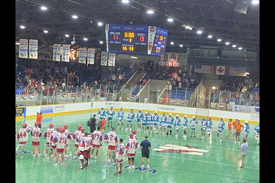 The Six Nations Chiefs and the New Westminster Salmonbellies gathered for post-game awards for Game 2 of  the 2023 Mann Cup.