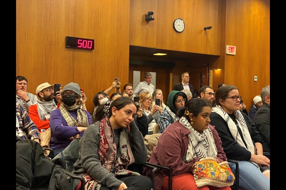 It was a full house in New West council chambers Monday night when council considered a motion  regarding a cease fire in Gaza.