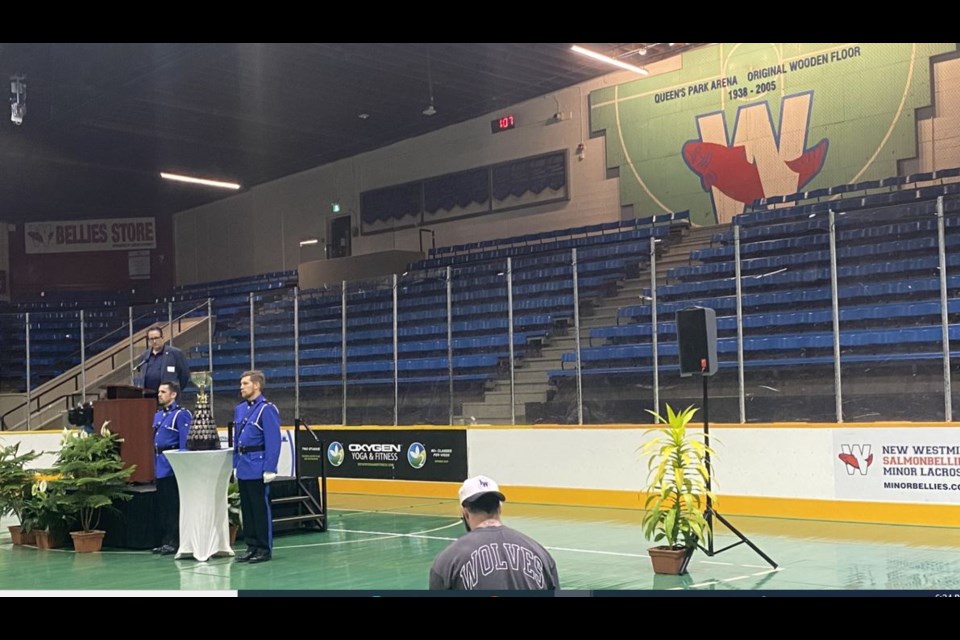 A police honour guard escorted the Mann Cup into a media event for the 2023 Mann Cup Thursday at Queen's Park Arena. 