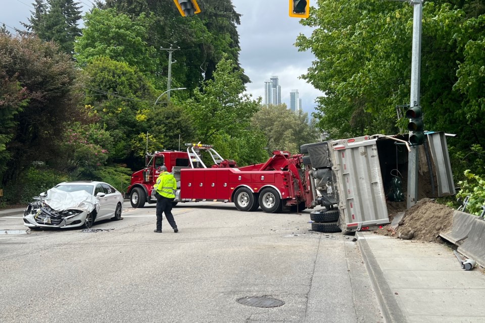 A dump truck was involved in an incident at Holmes Street and East Columbia Street on the morning of May 16, 2024.