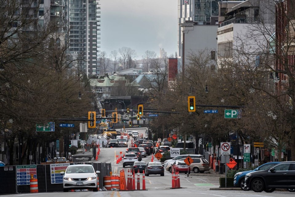 Work on the Columbia Street interceptor, shown here on Dec. 11, 2021, continues in downtown New West.